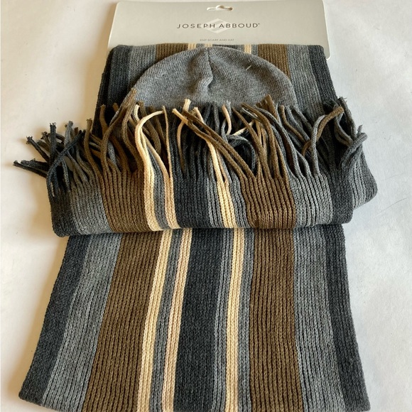 New Joseph Abboud Grey Brown Beige 100% Acrylic Knit Scarf and Hat - Picture 5 of 7